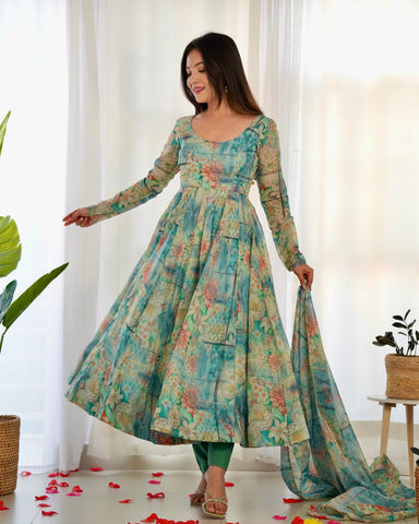 Digitally Printed Pure Organza Anarkali Suit With Huge Flair Comes With Duppatta & Pant