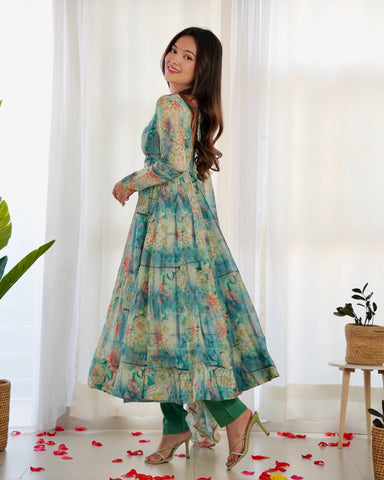 Digitally Printed Pure Organza Anarkali Suit With Huge Flair Comes With Duppatta & Pant