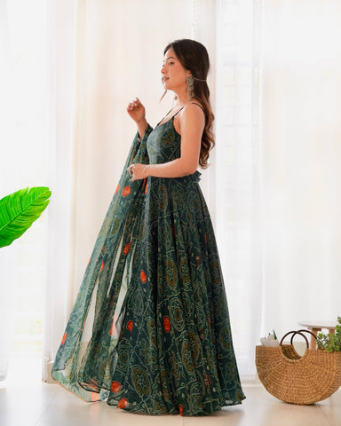 Digitally Printed Pure Chiffon Banndhej Anarkali Suit With Huge Flair Comes With Duppatta & Pant