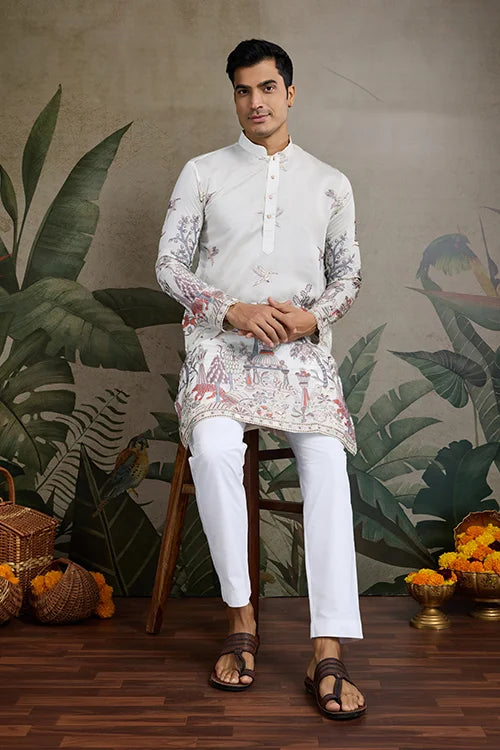 Designer White Silk printed kurta for men Designer White Silk printed kurta for men