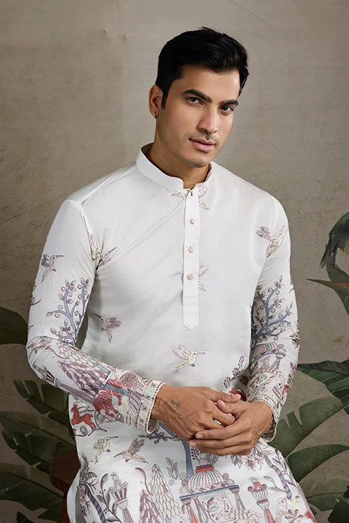Designer White Silk printed kurta for men Designer White Silk printed kurta for men