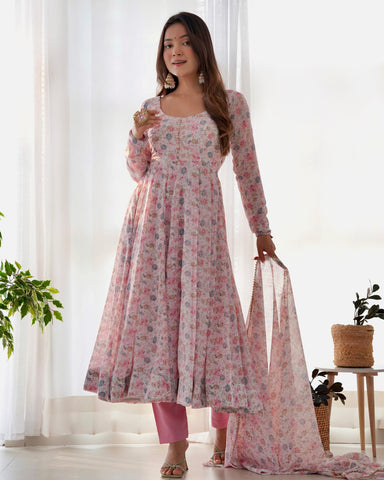 Digitally Printed Pure Chiffon Anarkali Suit With Huge Flair Comes With Duppatta & Pant
