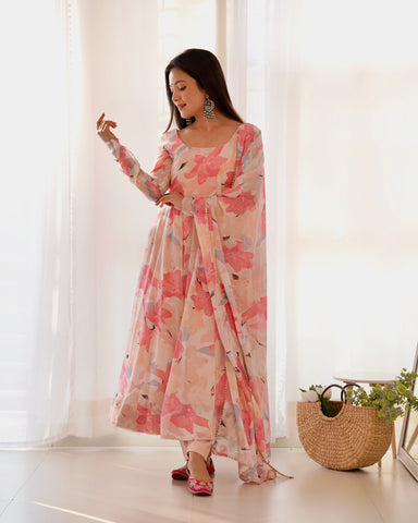 Digitally Printed Pure Georgette Anarkali Suit With Huge Flair Comes With Duppatta & Pant