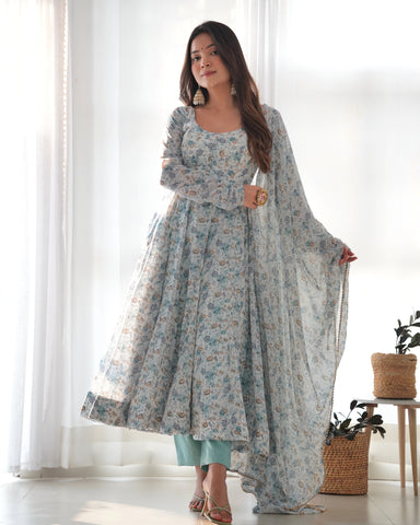 New Digitally Printed Pure Soft Organza Anarkali Suit With Huge Flair Comes With Duppatta & Pant
