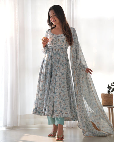New Digitally Printed Pure Soft Organza Anarkali Suit With Huge Flair Comes With Duppatta & Pant