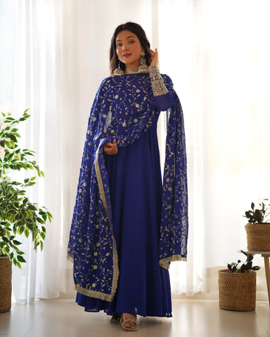 Royal Blue Color Pure Faux Georgette Kurti With Huge Flair Comes With Duppatta & Pant