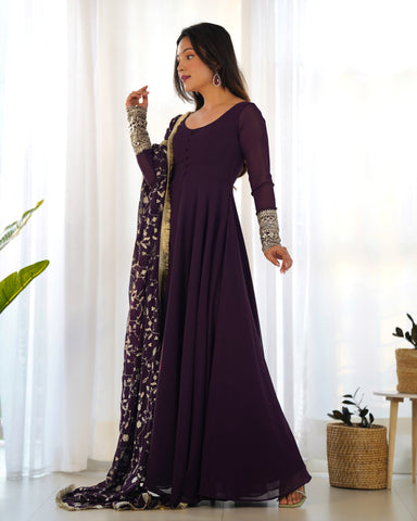 Wine Color Pure Faux Georgette Kurti With Huge Flair Comes With Duppatta & Pant