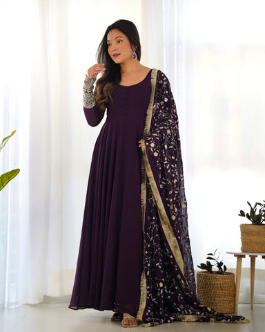 Wine Color Pure Faux Georgette Kurti With Huge Flair Comes With Duppatta & Pant