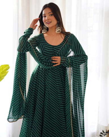 Green Pure Soft Faux Georgette Leheriya  Anarkali Suit With Huge Flair Comes With Duppatta & Pant