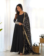 Black Color Pure Faux Georgette Kurti With Huge Flair Comes With Duppatta & Pant