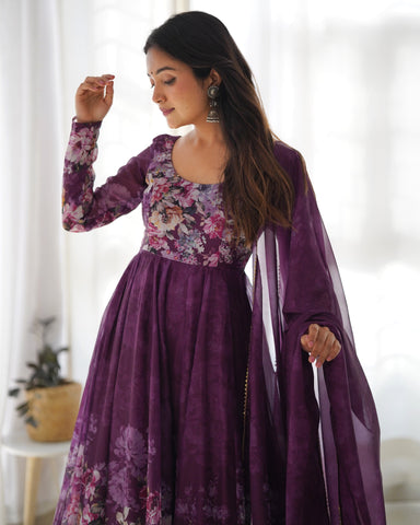 Wine Color Digitally Printed Pure Soft Organza Anarkali Suit With Huge Flair Comes With Duppatta & Pant