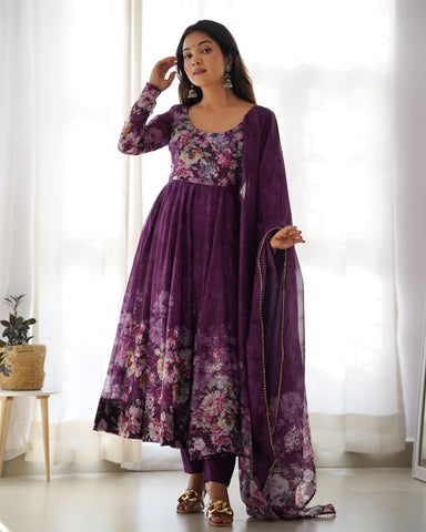 Wine Color Digitally Printed Pure Soft Organza Anarkali Suit With Huge Flair Comes With Duppatta & Pant