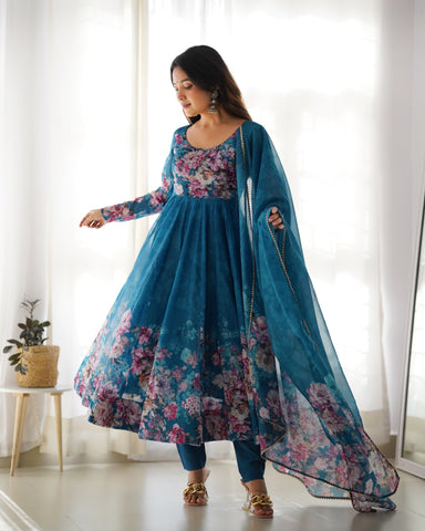 Rama Color Digitally Printed Pure Soft Organza Anarkali Suit With Huge Flair Comes With Duppatta & Pant