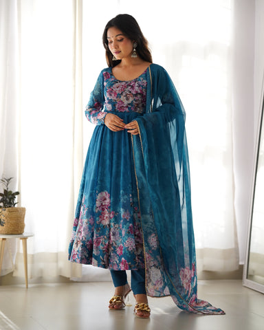 Rama Color Digitally Printed Pure Soft Organza Anarkali Suit With Huge Flair Comes With Duppatta & Pant