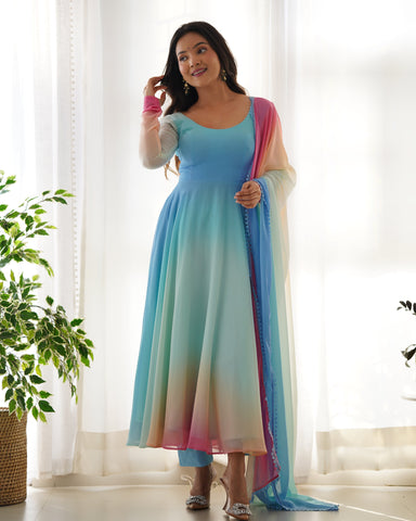 Pure Soft Faux Georgette Colourfull Padding Anarkali Suit With Huge Flair Comes With Duppatta & Pant