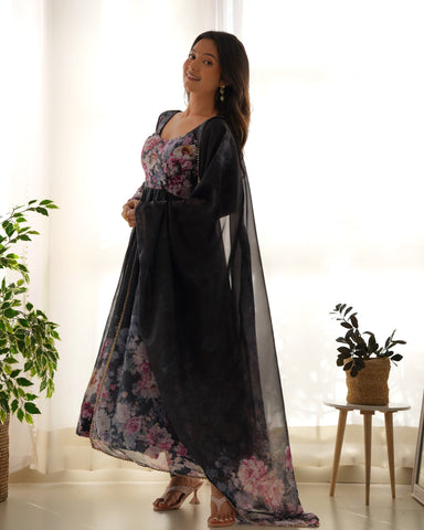 Black Color Digitally Printed Pure Soft Organza Anarkali Suit With Huge Flair Comes With Duppatta & Pant