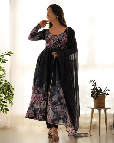 Black Color Digitally Printed Pure Soft Organza Anarkali Suit With Huge Flair Comes With Duppatta & Pant