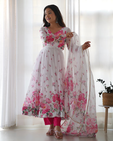 Digitally Printed Pure Soft Organza Anarkali Suit With Huge Flair Comes With Duppatta & Pant (Copy)