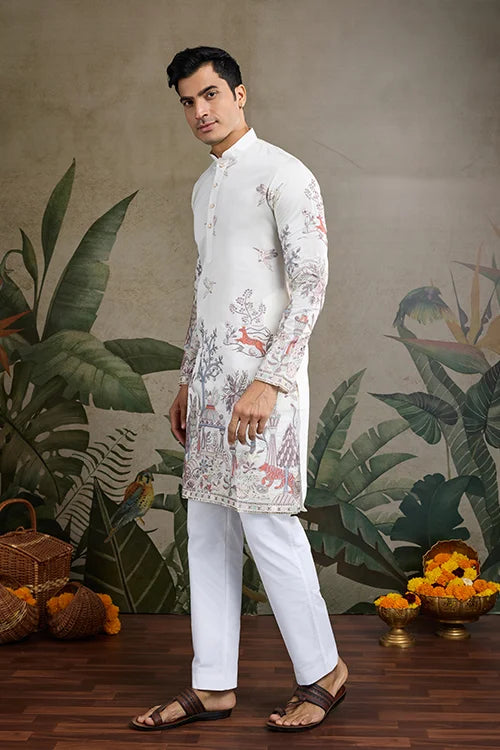 Designer White Silk printed kurta for men Designer White Silk printed kurta for men