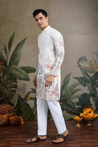 Designer White Silk printed kurta for men Designer White Silk printed kurta for men