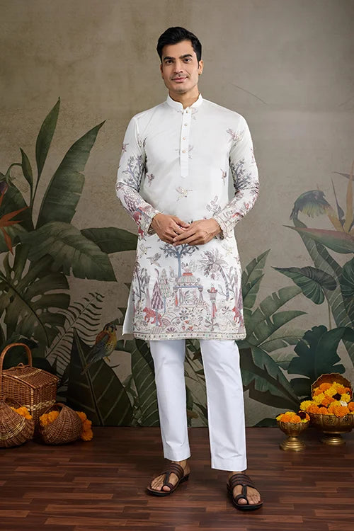 Designer White Silk printed kurta for men Designer White Silk printed kurta for men