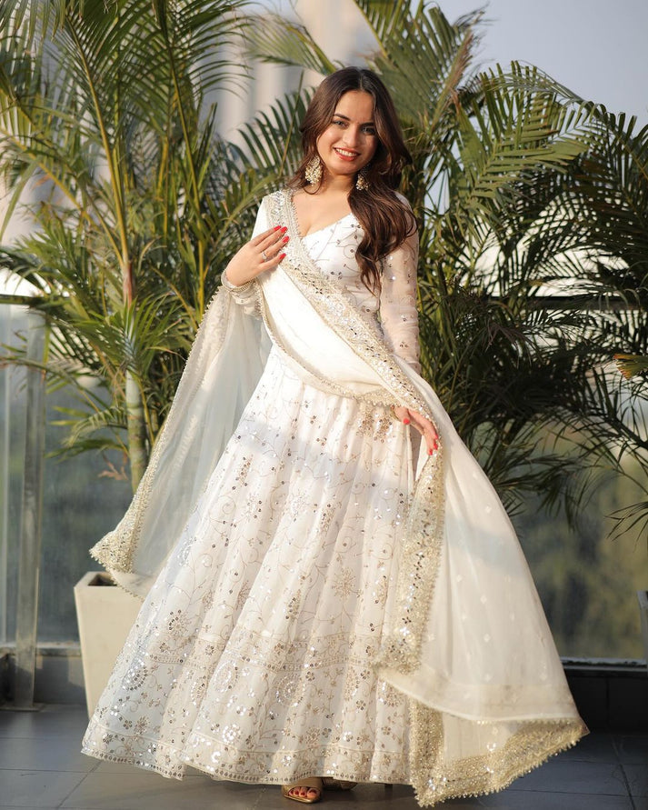 white color anarkali dress Full Heavy Work White Color Georgette Anarkali Suit Set S (36)