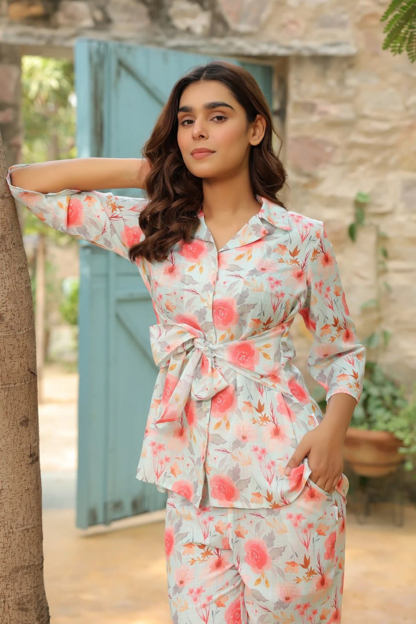 Cream-Color Floral Printed Lapel Collar Cotton Shirt With Palazzo Co O