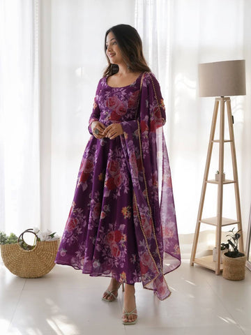 Pure Soft Taby Organza Floral 3D Print Anarkali Suit With Huge Flair Comes With Duppatta & Pant