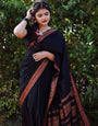 Skinny Black Soft Banarasi Silk Saree With Beauteous Blouse Piece