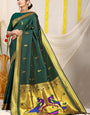 Mesmerising Dark Green Paithani Silk Saree With Angelic Blouse Piece