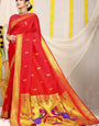 Outstanding Red Paithani Silk Saree With Angelic Blouse Piece