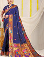 Inspiring Navy Blue Paithani Silk Saree With Gorgeous Blouse Piece
