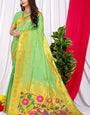 Girlish Pista Paithani Silk Saree With Invaluable Blouse Piece