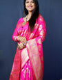 Symmetrical Pink Kanjivaram Silk Saree With Glittering Blouse Piece