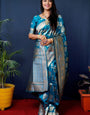 Scrumptious Firozi Kanjivaram Silk Saree With Glittering Blouse Piece