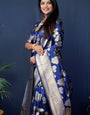 Snazzy Navy Blue Kanjivaram Silk Saree With Glittering Blouse Piece