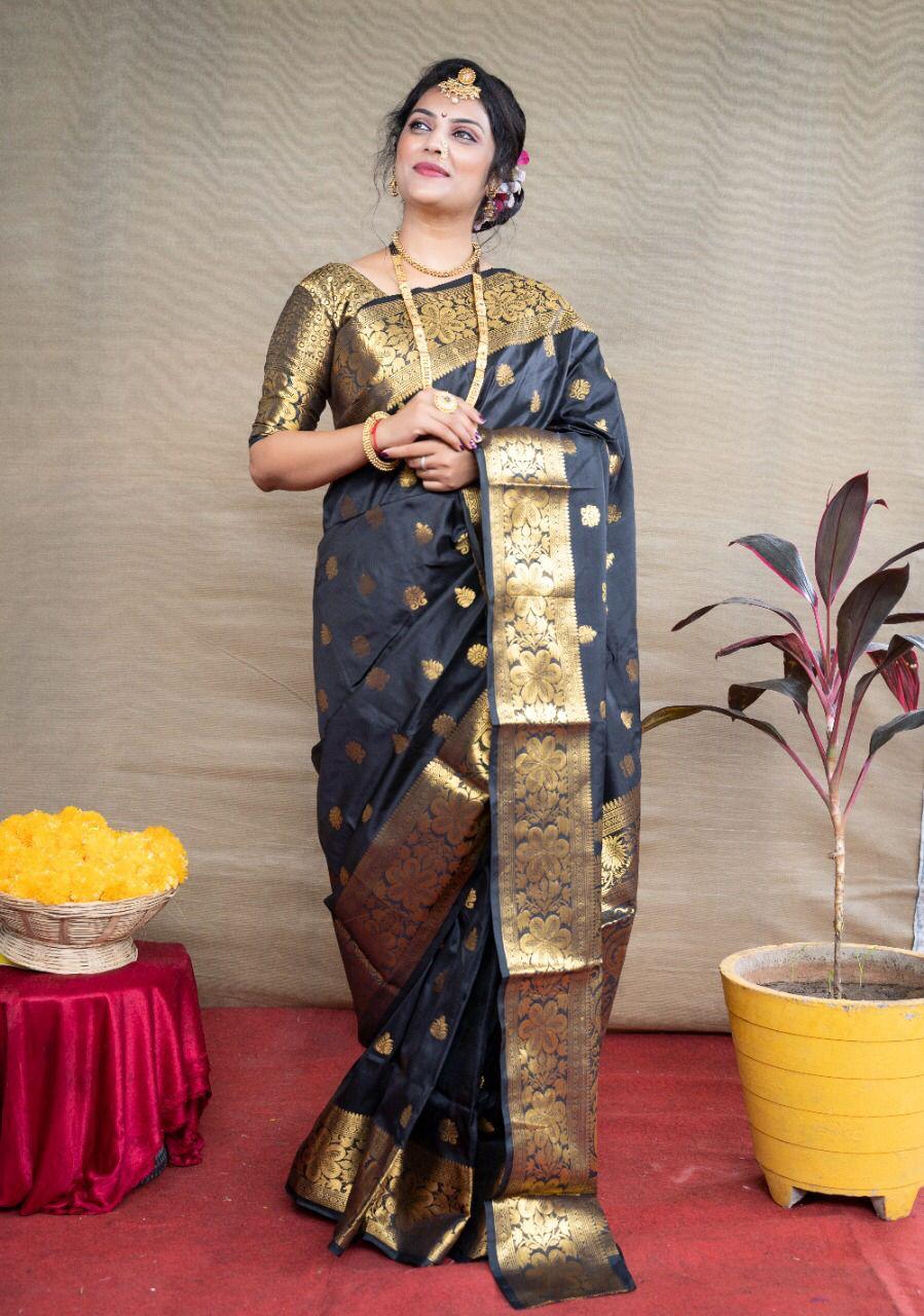 Prettiest Dark Green Banarasi Silk Saree With Assemblage Blouse