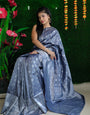 Exquisite Grey Banarasi Silk Saree With Classic Blouse Piece