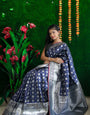 Super classy Navy Blue Banarasi Silk Saree With Classic Blouse Piece