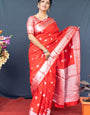 Bewitching Red Banarasi Silk Saree With Fragrant Blouse Piece