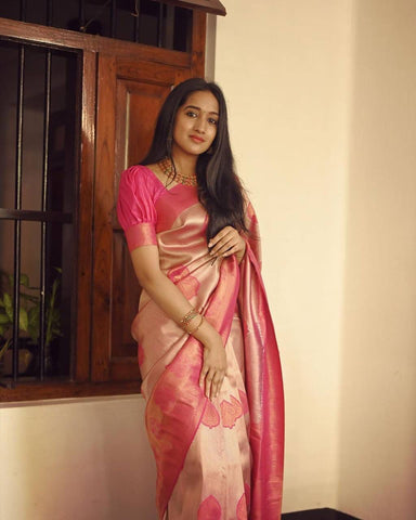 Stunning Peach Color Soft Banarasi Silk Saree With Beauteous Blouse Piece