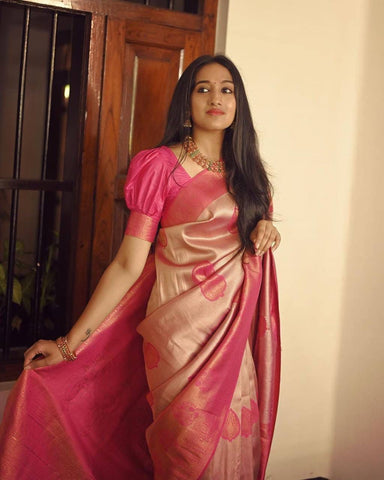 Stunning Peach Color Soft Banarasi Silk Saree With Beauteous Blouse Piece