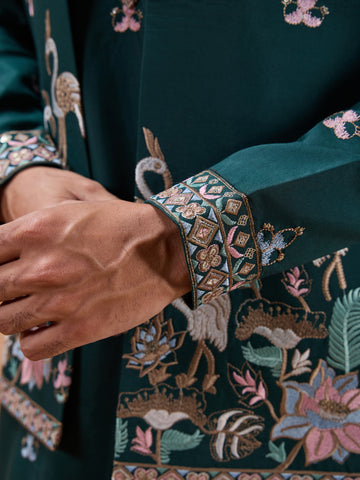 Green Color Embroidered and Sequence Mens Kurta Jacket and Pant Set