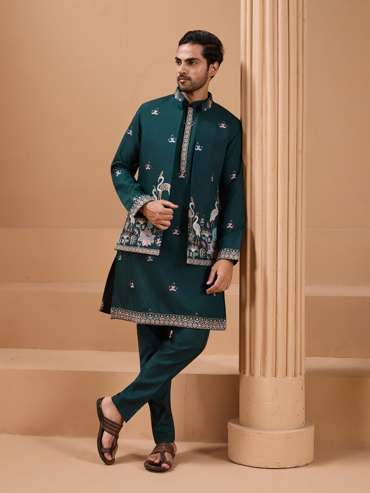 Green Color Embroidered and Sequence Mens Kurta Jacket and Pant Set