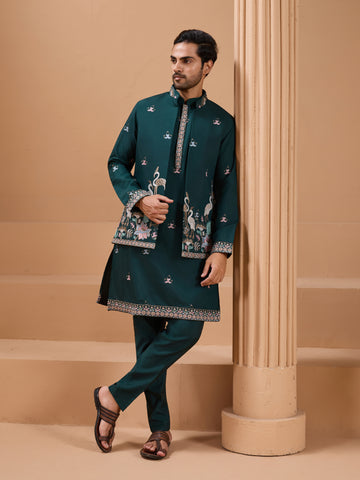 Green Color Embroidered and Sequence Mens Kurta Jacket and Pant Set