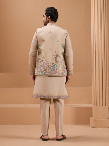 Beige Color Embroidered and Sequence Mens Kurta Jacket and Pant Set