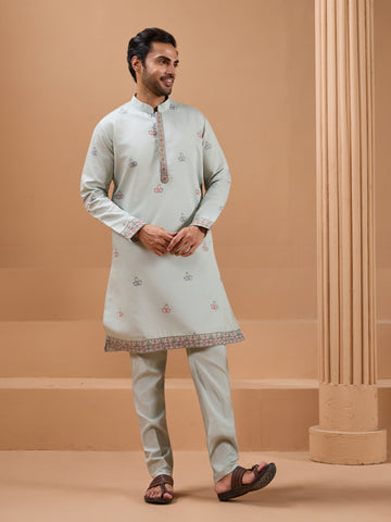 Pista Green Color Embroidered and Sequence Mens Kurta Jacket and Pant Set