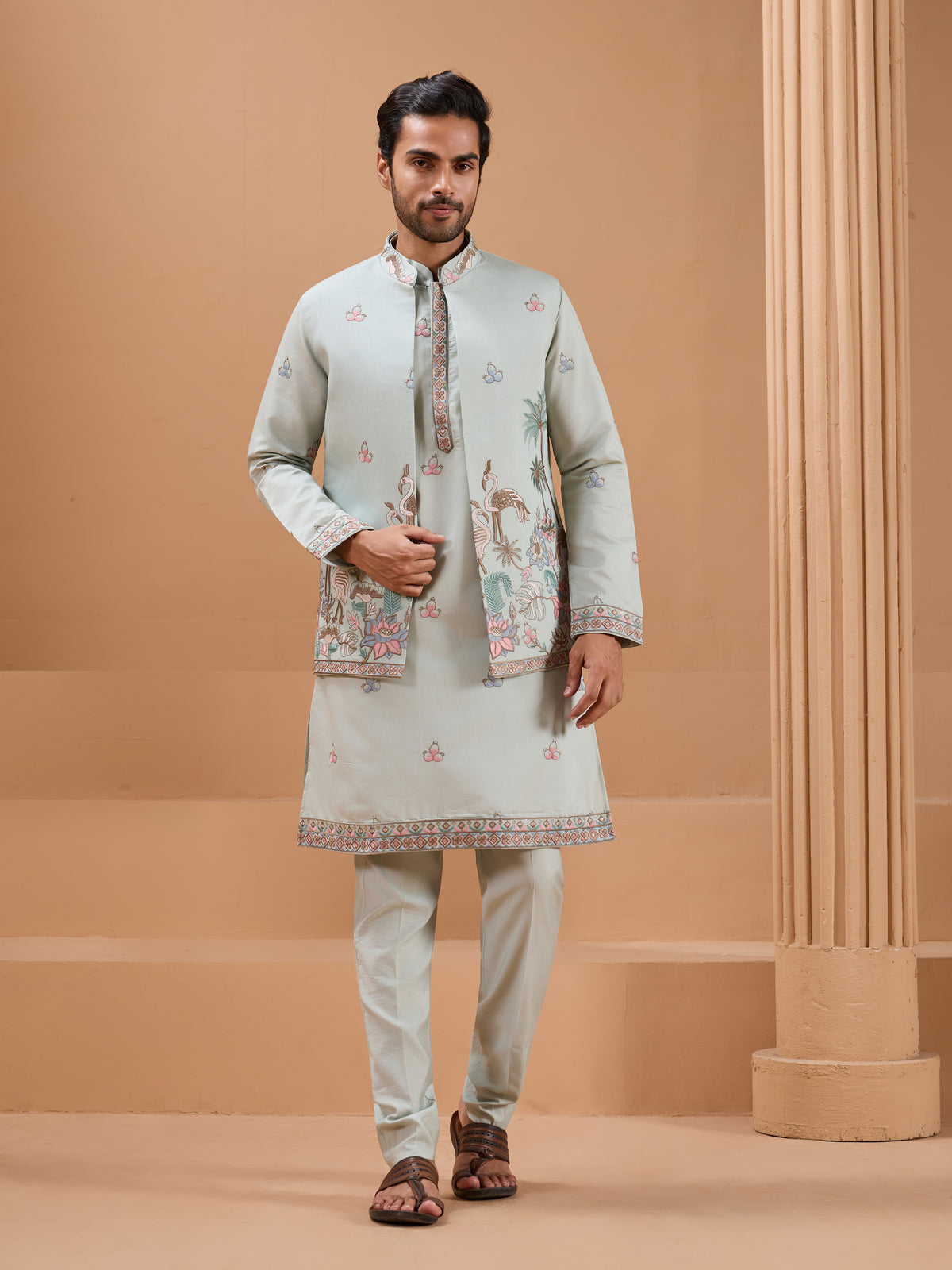 Pista Green Color Embroidered and Sequence Mens Kurta Jacket and Pant Set