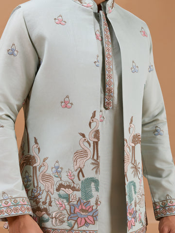 Pista Green Color Embroidered and Sequence Mens Kurta Jacket and Pant Set