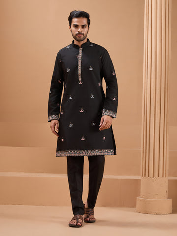 Black Color Embroidered and Sequence Mens Kurta Jacket and Pant Set